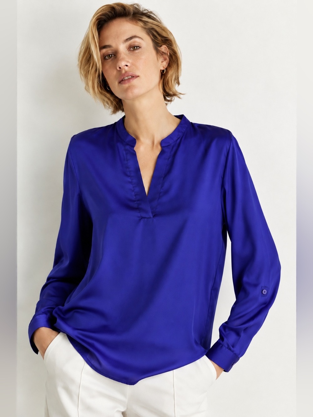 Chico's Magnetic Purple Split Neck Roll Tab High Low Popover Blouse Women's M